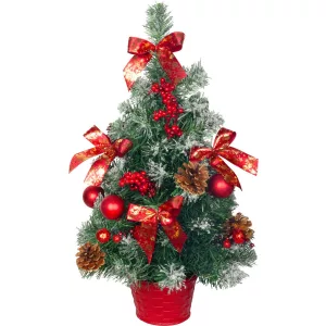 Műfenyő, MagicHome Vianoce, piros, 50 cm, díszített, havas hatású, tobozokkal, beltéri, asztali elhelyezésre