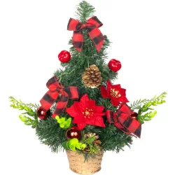  Műfenyő, MagicHome Vianoce, piros, 41 cm, díszített, kockás masnikkal, gömbdíszekkel, tobozokkal, kosaras talp, beltéri, asztali elhelyezésre