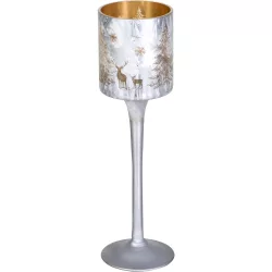   Karácsonyi gyertyatartó, MagicHome, ezüst, magasság: 25 cm, pohár forma, karácsonyfa minta, dekoratív, ünnepi beltéri dekorációhoz