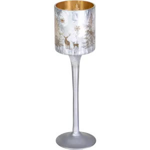Karácsonyi gyertyatartó, MagicHome, ezüst, magasság: 25 cm, pohár forma, karácsonyfa minta, dekoratív, ünnepi beltéri dekorációhoz