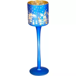   Karácsonyi gyertyatartó, MagicHome, kék, magasság: 25 cm, pohár forma, karácsonyfa minta, dekoratív, ünnepi beltéri dekorációhoz