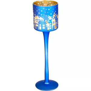 Karácsonyi gyertyatartó, MagicHome, kék, magasság: 25 cm, pohár forma, karácsonyfa minta, dekoratív, ünnepi beltéri dekorációhoz