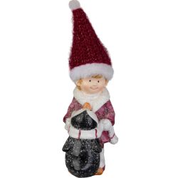   MagicHome karácsonyi dekoráció, fiú figura pingvinnel, dekoratív anyag, 9,3 x 6,3 x 22,5 cm, piros-fehér