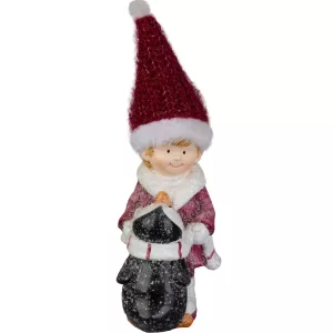MagicHome karácsonyi dekoráció, fiú figura pingvinnel, dekoratív anyag, 9,3 x 6,3 x 22,5 cm, piros-fehér