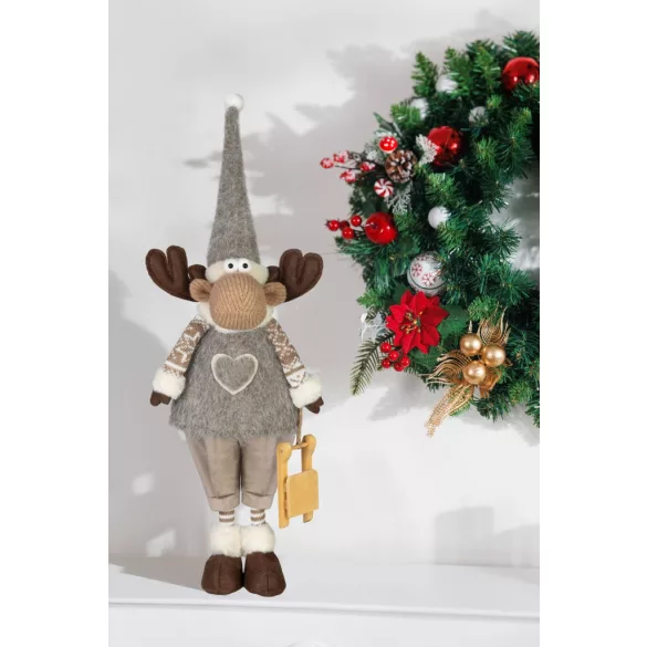 Karácsonyi dekoráció, MagicHome, Szarvaslány, 21 x 13 x 53 cm, barna, textil, szíves ruhás, puha felületű