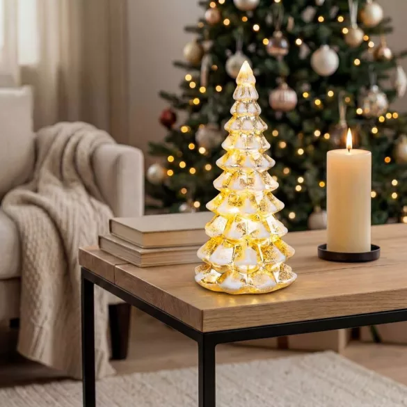 Műfenyő, MagicHome Vianoce, 34 cm, 15 LED, melegfehér, beltéri, asztali elhelyezésre, elemes (2 db AA)