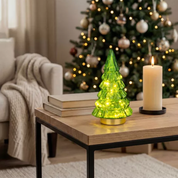 Műfenyő, MagicHome Vianoce, 34 cm, 12 LED, melegfehér, beltéri, asztali elhelyezésre, elemes (2 db AA)