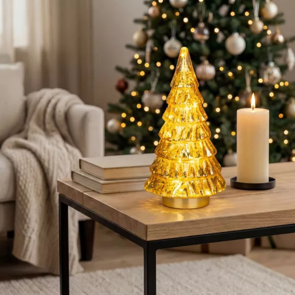 Műfenyő, MagicHome Vianoce, 28 cm, 12 LED, melegfehér, beltéri, asztali elhelyezésre, elemes (2 db AA)