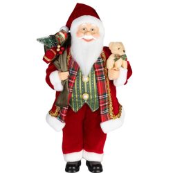   MagicHome karácsonyi dekoráció, Mikulás ajándékokkal és macival, piros, 60 cm