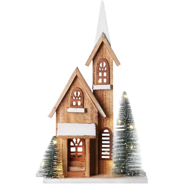 MagicHome karácsonyi dekoráció, templom, 24 x 9 x 42 cm, natúr fa fehér részletekkel, 15 LED-es világítás időzítővel, elemes