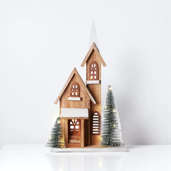 MagicHome karácsonyi dekoráció, templom, 24 x 9 x 42 cm, natúr fa fehér részletekkel, 15 LED-es világítás időzítővel, elemes