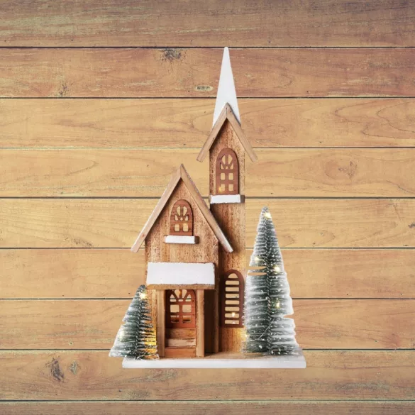 MagicHome karácsonyi dekoráció, templom, 24 x 9 x 42 cm, natúr fa fehér részletekkel, 15 LED-es világítás időzítővel, elemes