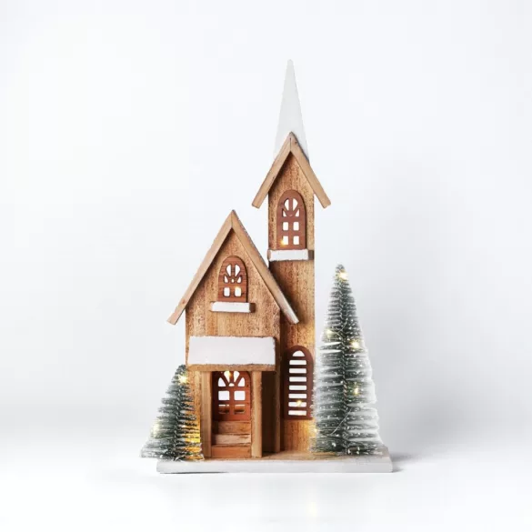 MagicHome karácsonyi dekoráció, templom, 24 x 9 x 42 cm, natúr fa fehér részletekkel, 15 LED-es világítás időzítővel, elemes