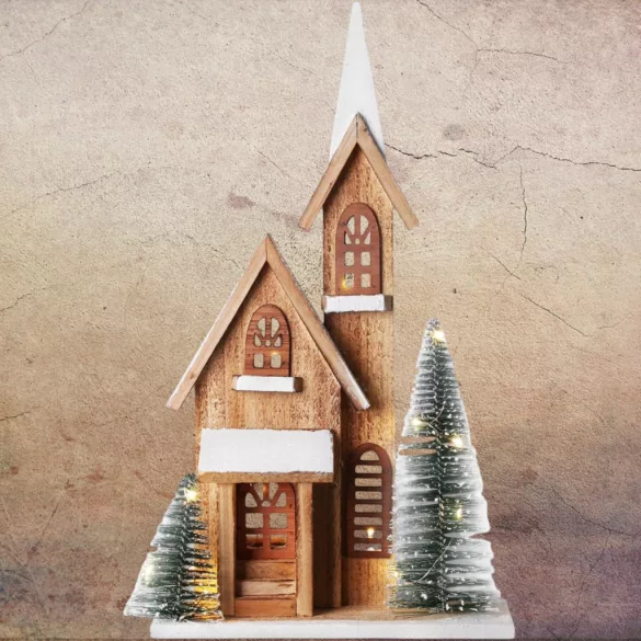 MagicHome karácsonyi dekoráció, templom, 24 x 9 x 42 cm, natúr fa fehér részletekkel, 15 LED-es világítás időzítővel, elemes