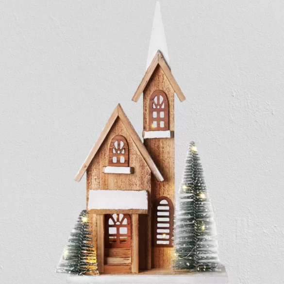 MagicHome karácsonyi dekoráció, templom, 24 x 9 x 42 cm, natúr fa fehér részletekkel, 15 LED-es világítás időzítővel, elemes