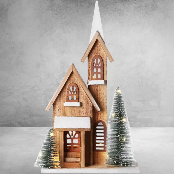 MagicHome karácsonyi dekoráció, templom, 24 x 9 x 42 cm, natúr fa fehér részletekkel, 15 LED-es világítás időzítővel, elemes