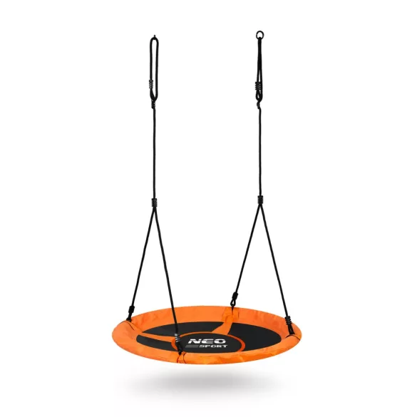 Fészekhinta, Neo-Sport Swingo XXL, fekete/narancssárga, átmérő: 95 cm, vízálló, állítható kötélmagasság: 137-179 cm, acél váz, párnázott, Oxford 600D poliészter, teherbírás: 150 kg, kerek