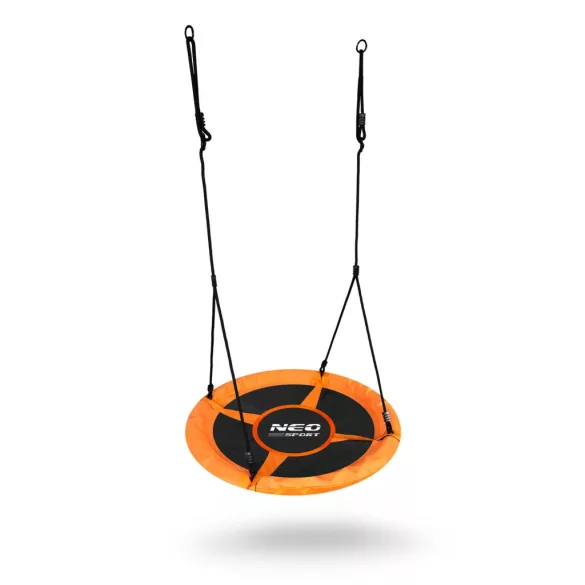 Fészekhinta, Neo-Sport Swingo XXL, fekete/narancssárga, átmérő: 95 cm, vízálló, állítható kötélmagasság: 137-179 cm, acél váz, párnázott, Oxford 600D poliészter, teherbírás: 150 kg, kerek