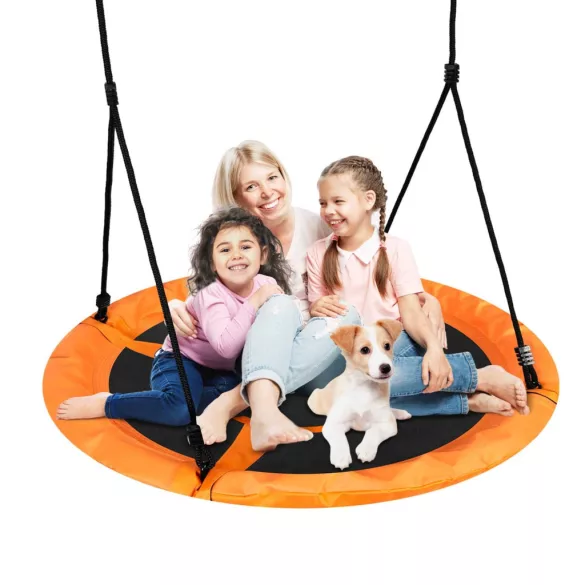 Fészekhinta, Neo-Sport Swingo XXL, fekete/narancssárga, átmérő: 95 cm, vízálló, állítható kötélmagasság: 137-179 cm, acél váz, párnázott, Oxford 600D poliészter, teherbírás: 150 kg, kerek
