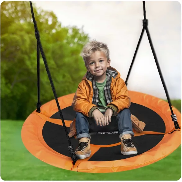 Fészekhinta, Neo-Sport Swingo XXL, fekete/narancssárga, átmérő: 95 cm, vízálló, állítható kötélmagasság: 137-179 cm, acél váz, párnázott, Oxford 600D poliészter, teherbírás: 150 kg, kerek