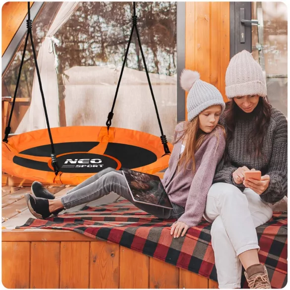 Fészekhinta, Neo-Sport Swingo XXL, fekete/narancssárga, átmérő: 95 cm, vízálló, állítható kötélmagasság: 137-179 cm, acél váz, párnázott, Oxford 600D poliészter, teherbírás: 150 kg, kerek