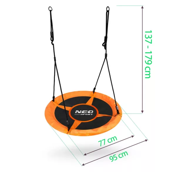 Fészekhinta, Neo-Sport Swingo XXL, fekete/narancssárga, átmérő: 95 cm, vízálló, állítható kötélmagasság: 137-179 cm, acél váz, párnázott, Oxford 600D poliészter, teherbírás: 150 kg, kerek