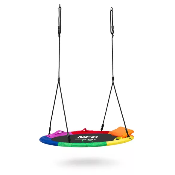 Fészekhinta, Neo-Sport Swingo XXL, fekete/színes, átmérő: 95 cm, vízálló, állítható kötélmagasság: 137-179 cm, acél váz, párnázott, Oxford 600D poliészter, teherbírás: 150 kg, párnával, kerek