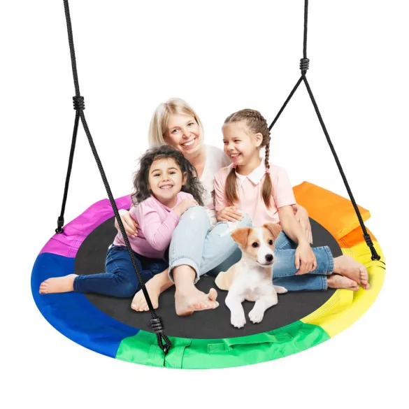 Fészekhinta, Neo-Sport Swingo XXL, fekete/színes, átmérő: 95 cm, vízálló, állítható kötélmagasság: 137-179 cm, acél váz, párnázott, Oxford 600D poliészter, teherbírás: 150 kg, párnával, kerek