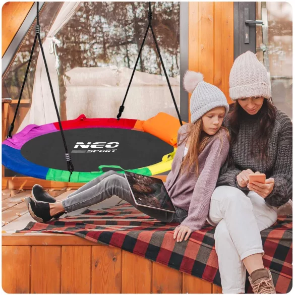 Fészekhinta, Neo-Sport Swingo XXL, fekete/színes, átmérő: 95 cm, vízálló, állítható kötélmagasság: 137-179 cm, acél váz, párnázott, Oxford 600D poliészter, teherbírás: 150 kg, párnával, kerek