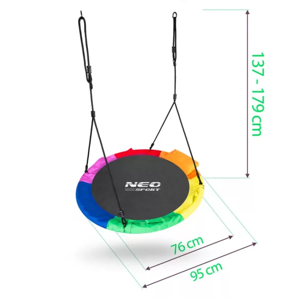 Fészekhinta, Neo-Sport Swingo XXL, fekete/színes, átmérő: 95 cm, vízálló, állítható kötélmagasság: 137-179 cm, acél váz, párnázott, Oxford 600D poliészter, teherbírás: 150 kg, párnával, kerek