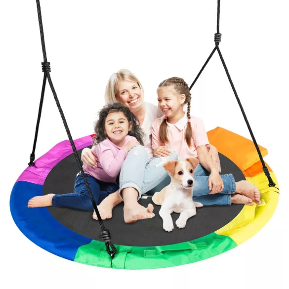 Fészekhinta, Neo-Sport Swingo XXL, fekete/színes, átmérő: 110 cm, vízálló, állítható kötélmagasság: 137-179 cm, acél váz, párnázott, Oxford 600D poliészter, teherbírás: 150 kg, párnával, kerek