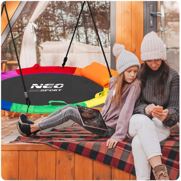 Fészekhinta, Neo-Sport Swingo XXL, fekete/színes, átmérő: 110 cm, vízálló, állítható kötélmagasság: 137-179 cm, acél váz, párnázott, Oxford 600D poliészter, teherbírás: 150 kg, párnával, kerek