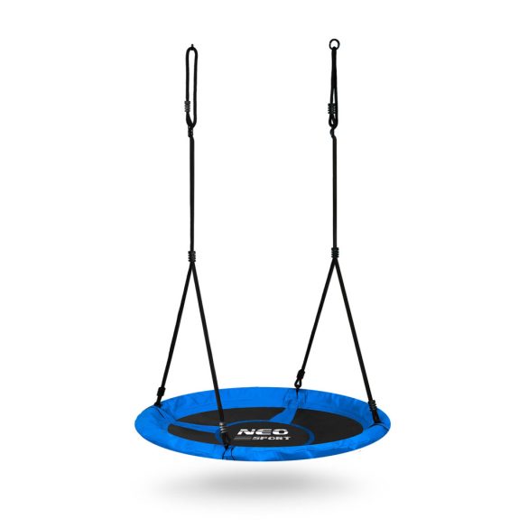 Fészekhinta, Neo-Sport Swingo, fekete/kék, átmérő: 115 cm, vízálló, állítható kötélmagasság: 137-179 cm, acél váz, párnázott, Oxford 600D poliészter, teherbírás: 150 kg, kerek