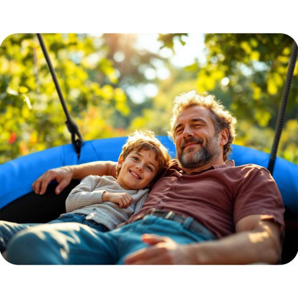 Fészekhinta, Neo-Sport Swingo, fekete/kék, átmérő: 115 cm, vízálló, állítható kötélmagasság: 137-179 cm, acél váz, párnázott, Oxford 600D poliészter, teherbírás: 150 kg, kerek