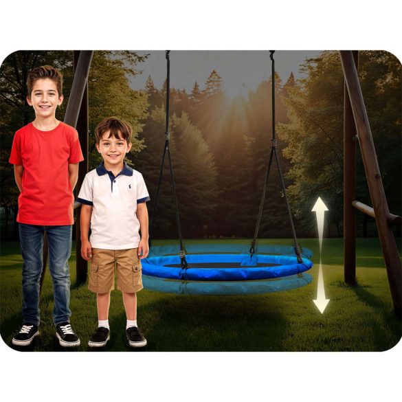 Fészekhinta, Neo-Sport Swingo, fekete/kék, átmérő: 115 cm, vízálló, állítható kötélmagasság: 137-179 cm, acél váz, párnázott, Oxford 600D poliészter, teherbírás: 150 kg, kerek