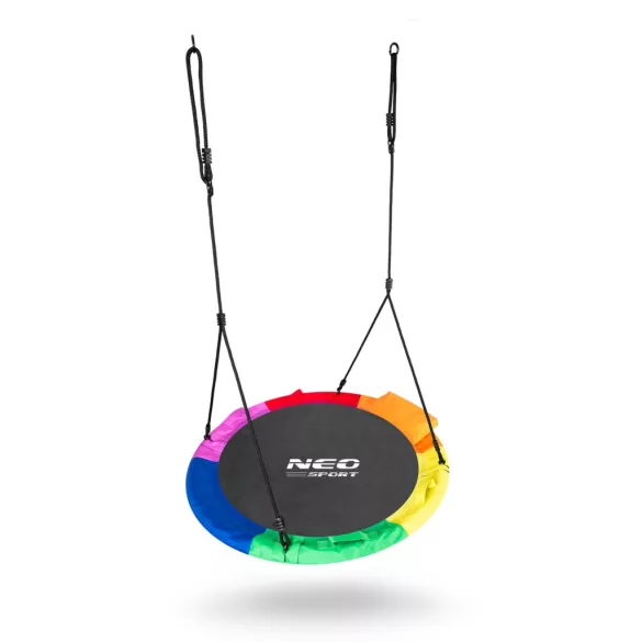 Fészekhinta, Neo-Sport Swingo XXL, fekete/színes, átmérő: 120 cm, vízálló, állítható kötélmagasság: 137-179 cm, acél váz, párnázott, Oxford 600D poliészter, teherbírás: 150 kg, párnával, kerek
