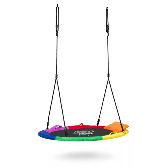 Fészekhinta, Neo-Sport Swingo XXL, fekete/színes, átmérő: 120 cm, vízálló, állítható kötélmagasság: 137-179 cm, acél váz, párnázott, Oxford 600D poliészter, teherbírás: 150 kg, párnával, kerek