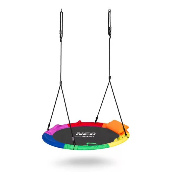 Fészekhinta, Neo-Sport Swingo XXL, fekete/színes, átmérő: 120 cm, vízálló, állítható kötélmagasság: 137-179 cm, acél váz, párnázott, Oxford 600D poliészter, teherbírás: 150 kg, párnával, kerek