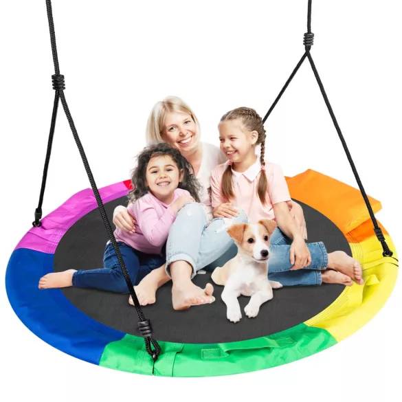 Fészekhinta, Neo-Sport Swingo XXL, fekete/színes, átmérő: 120 cm, vízálló, állítható kötélmagasság: 137-179 cm, acél váz, párnázott, Oxford 600D poliészter, teherbírás: 150 kg, párnával, kerek