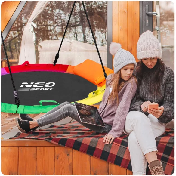 Fészekhinta, Neo-Sport Swingo XXL, fekete/színes, átmérő: 120 cm, vízálló, állítható kötélmagasság: 137-179 cm, acél váz, párnázott, Oxford 600D poliészter, teherbírás: 150 kg, párnával, kerek