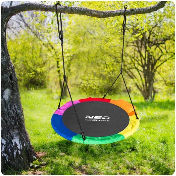 Fészekhinta, Neo-Sport Swingo XXL, fekete/színes, átmérő: 120 cm, vízálló, állítható kötélmagasság: 137-179 cm, acél váz, párnázott, Oxford 600D poliészter, teherbírás: 150 kg, párnával, kerek