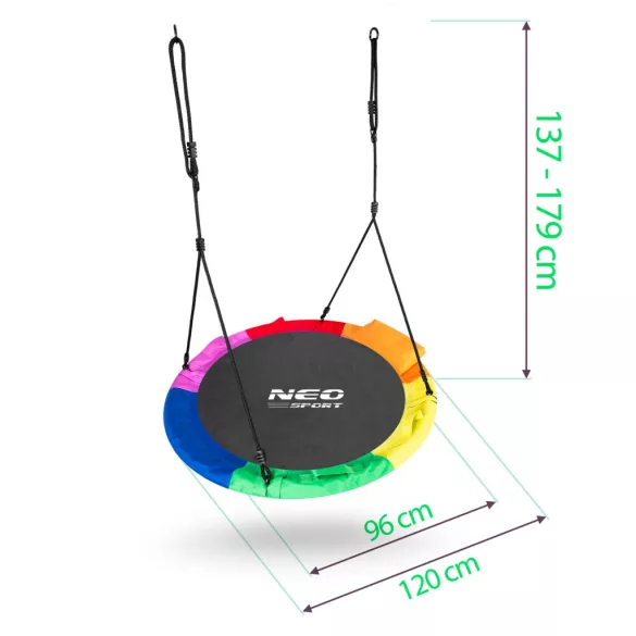 Fészekhinta, Neo-Sport Swingo XXL, fekete/színes, átmérő: 120 cm, vízálló, állítható kötélmagasság: 137-179 cm, acél váz, párnázott, Oxford 600D poliészter, teherbírás: 150 kg, párnával, kerek