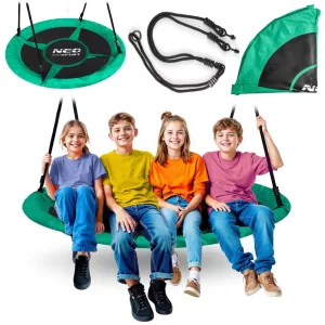 Fészekhinta, Neo-Sport Swingo, fekete/zöld, átmérő: 125 cm, vízálló, állítható kötélmagasság: 137-179 cm, acél váz, párnázott, Oxford 600 D poliészter, teherbírás: 150 kg, kerek