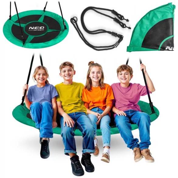 Fészekhinta, Neo-Sport Swingo, fekete/zöld, átmérő: 125 cm, vízálló, állítható kötélmagasság: 137-179 cm, acél váz, párnázott, Oxford 600 D poliészter, teherbírás: 150 kg, kerek