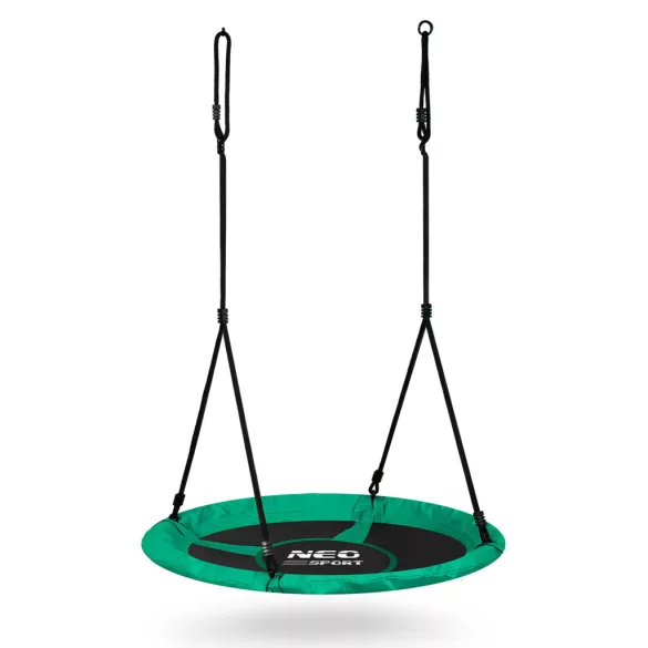 Fészekhinta, Neo-Sport Swingo, fekete/zöld, átmérő: 125 cm, vízálló, állítható kötélmagasság: 137-179 cm, acél váz, párnázott, Oxford 600 D poliészter, teherbírás: 150 kg, kerek