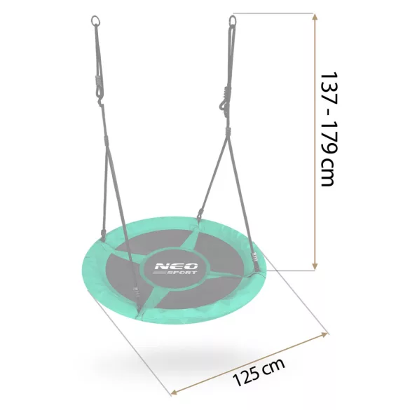 Fészekhinta, Neo-Sport Swingo, fekete/zöld, átmérő: 125 cm, vízálló, állítható kötélmagasság: 137-179 cm, acél váz, párnázott, Oxford 600 D poliészter, teherbírás: 150 kg, kerek