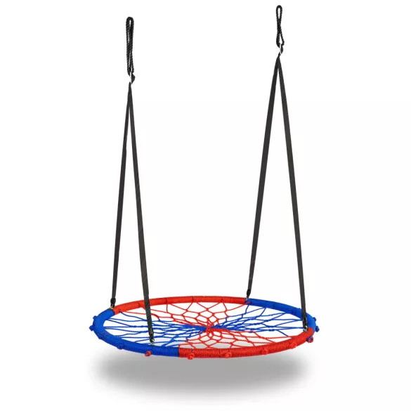 Fészekhinta, Neo-Sport Swingo, piros/kék, átmérő: 95 cm, vízálló, állítható kötélmagasság: 152-195 cm, acél váz, poliészter pókhálókötél, teherbírás: 150 kg, kerek