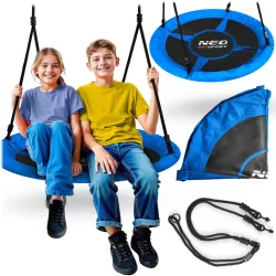   Fészekhinta, Neo-Sport Swingo, fekete/kék, átmérő: 105 cm, vízálló, állítható kötélmagasság: 137-179 cm, acél váz, párnázott, Oxford 600D poliészter, teherbírás: 150 kg, kerek
