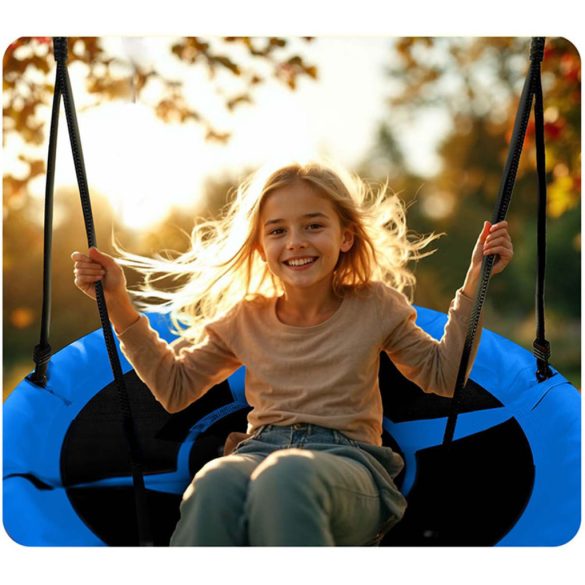 Fészekhinta, Neo-Sport Swingo, fekete/kék, átmérő: 105 cm, vízálló, állítható kötélmagasság: 137-179 cm, acél váz, párnázott, Oxford 600D poliészter, teherbírás: 150 kg, kerek