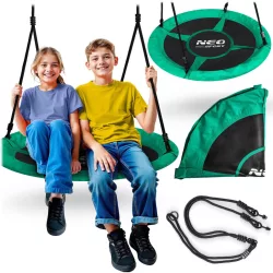   Fészekhinta, Neo-Sport Swingo, fekete/zöld, átmérő: 105 cm, vízálló, állítható kötélmagasság: 137-179 cm, acél váz, párnázott, Oxford 600D poliészter, teherbírás: 150 kg, kerek